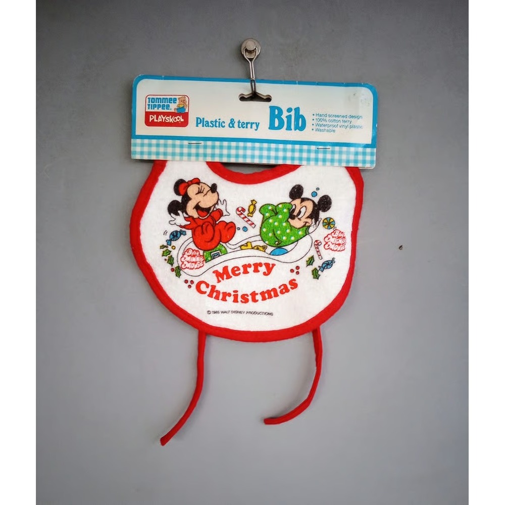 Vintage Disney Babies First Christmas Bib Mickey and Minnie Mouse NOS NWT